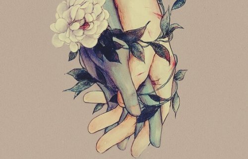 Handen die met elkaar verbonden zijn door rozen