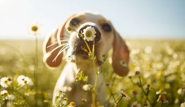 Hond die aan een bloem ruikt