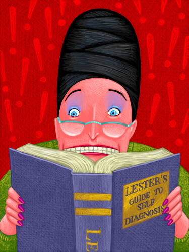 Hypchondrische vrouw die van alles leest in een boek over ziekten