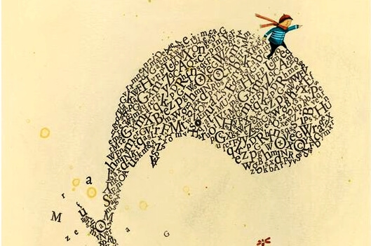 Jongen op walvis van letters, want een kind dat in zichzelf gelooft kan van alles bereiken