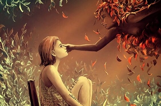 Meisje in fantasierijke bosomgeving aanvaard de hulp van een engel