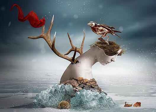 Vrouw die vastzit in ijs en uit haar rug groeit een gewei en op haar hoofd zit een vogel