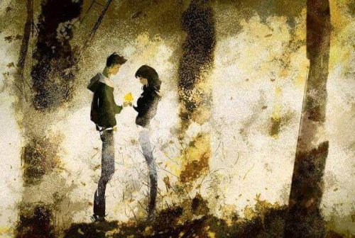 Twee mensen in het bos die elkaar liefde tonen