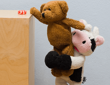 Knuffelkoe die een knuffelbeer helpt