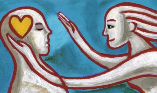 Tekening van twee mensen die elkaar liefde tonen