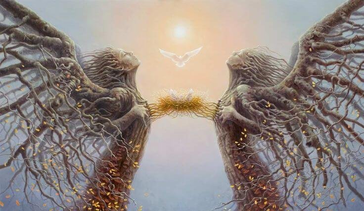 Engelenbomen met elkaar verbonden door middel van duivennest