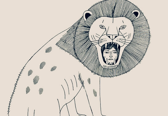 Tekening van een hoofd van een vrouw in de muil van een leeuw