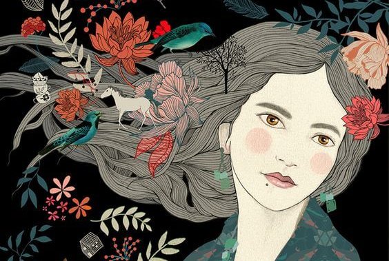 Vrouw met bloemen in het haar