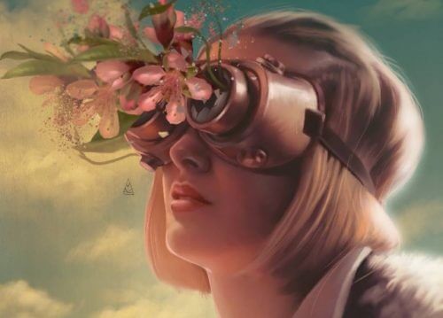 Meisje met bloemen uit haar verrekijker, want haar emoties verwerken heeft haar gelukkiger gemaakt