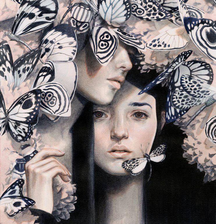 Meisje met een gebroken hart en vlinders om zich heen