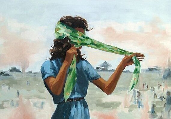 Vrouw die een blinddoek bij zichzelf omdoet als voorbeeld van hoe angst zich vermomt