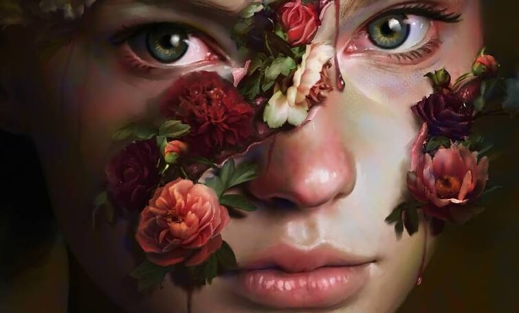 Meisje met rode bloemen op haar gezicht