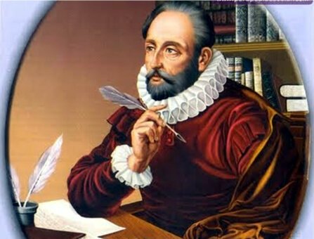 Schilderij van Cervantes die diep in gedachten is en gebruikmaakt van zijn vrije tijd