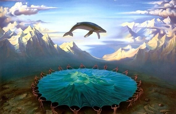 Fantasierijk plaatje van een walvis boven een trampoline