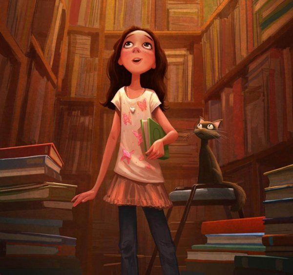 Meisje dat vol bewondering kijkt naar een kamer vol met boeken