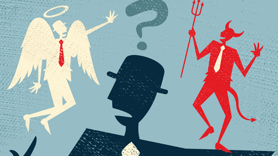 Een man verscheurd door goed en kwaad