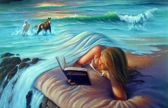 Vrouw die leest in een betoverend landschap met paarden