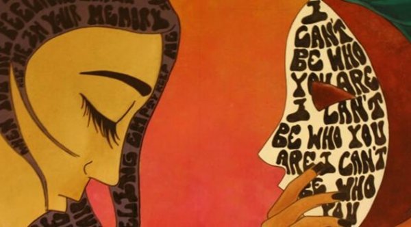 Twee gezichten en in het ene gezicht staat iets geschreven