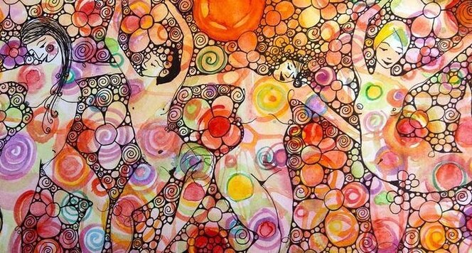 Vier naakte vrouwen dansen vrij