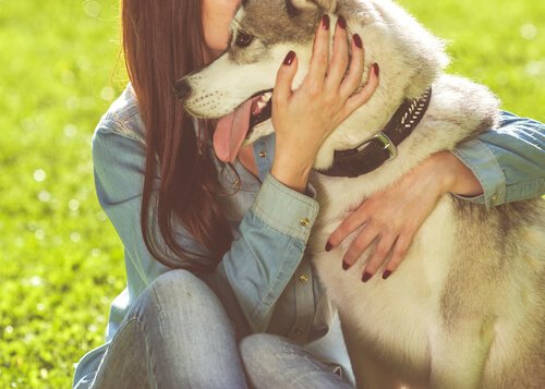 Vrouw die haar hond knuffelt