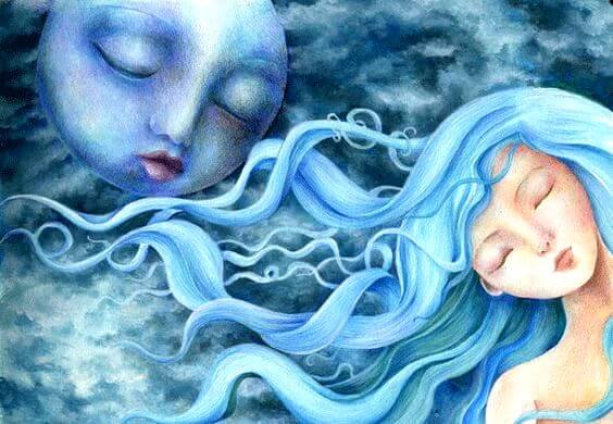 Vrouw met blauw haar en de maan