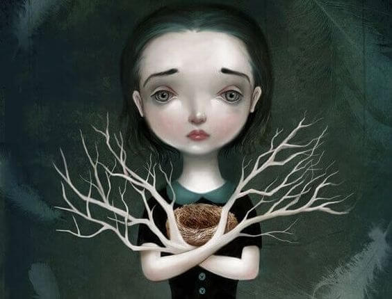 Meisje met takken als armen waar een leeg vogelnestje in ligt als vorm van chantage