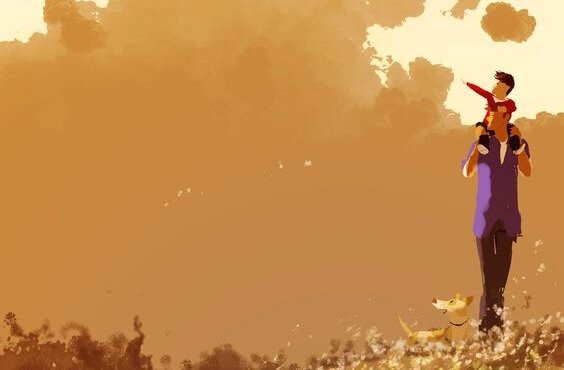 Vader die zijn zoon op zijn schouders draagt, maar zijn zoon moet leren verliezen