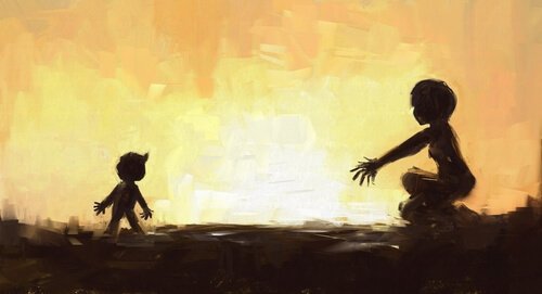 Zoontje rent naar zijn moeder toe