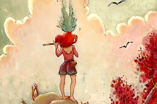 Meisje dat bovenop een berg een fluit bespeelt