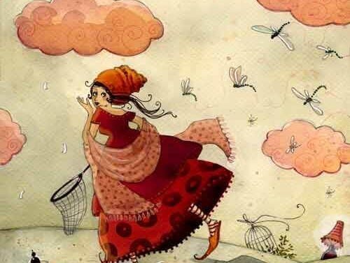 Vrouw die vliegen probeert te vangen