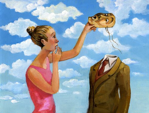 Vrouw doet masker van partner af