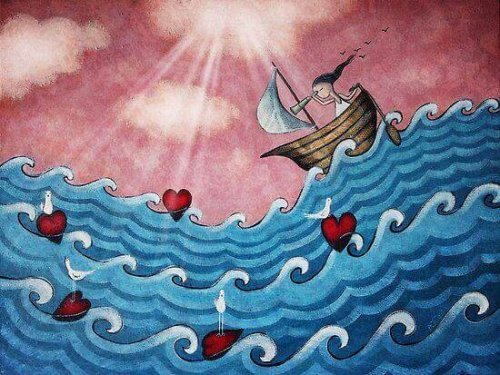 Vrouw op zee met golven van harten