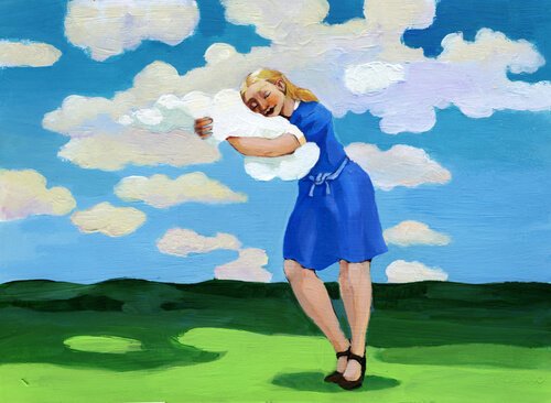 Vrouw slaapt op wolk