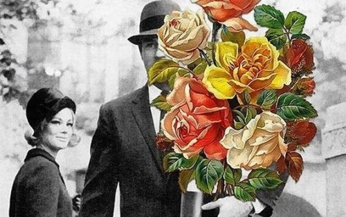 Man die zijn vriendin een bos bloemen brengt, maar problemen in je relatie zijn onvermijdelijk