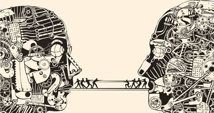 Mensen touwtrekken tussen twee hoofden