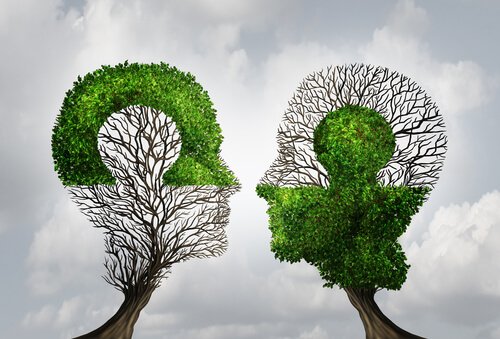 Twee bomen in de vorm van hoofden passen als puzzelstukjes in elkaar