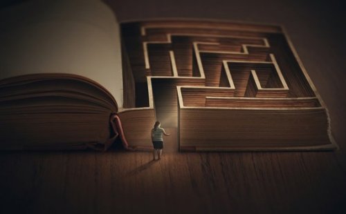 Vrouw bij labyrint in boek