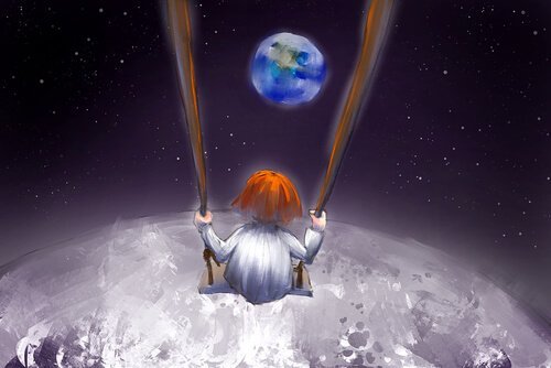 Kindje schommelt in het universum
