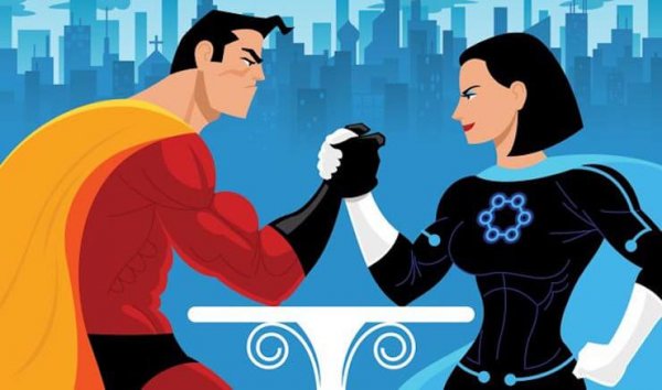 Vrouwelijke en mannelijke superheld aan het armworstelen