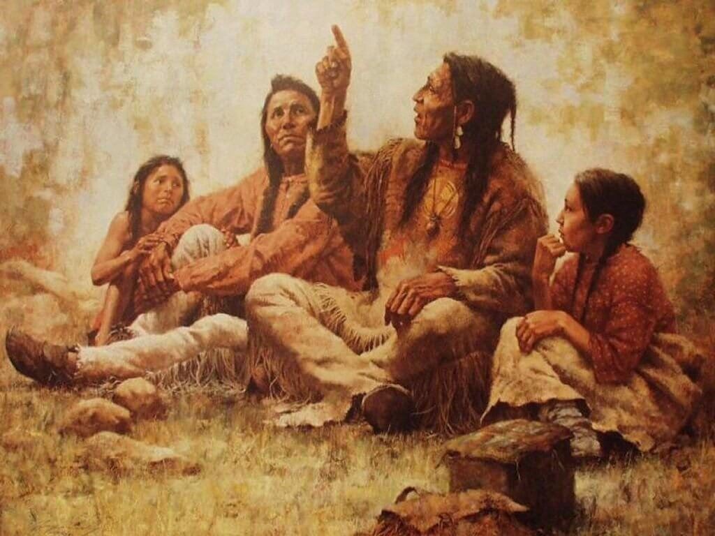 Cherokee Indianen die een verhaal vertellen