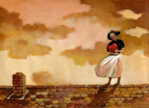 Een vrouw op een dak die een hart vasthoudt