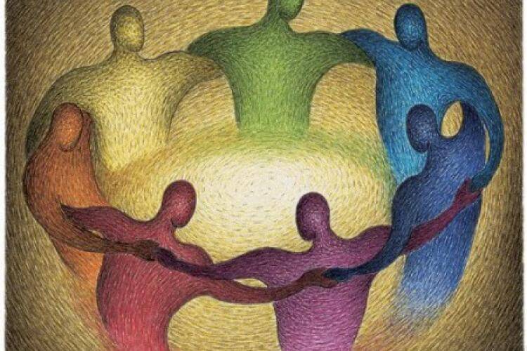 Kring van mensen die elkaar omhelzen om te verwijzen naar Fritz Perls