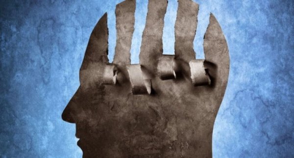 Kunstwerk van een man met een verscheurde schedel