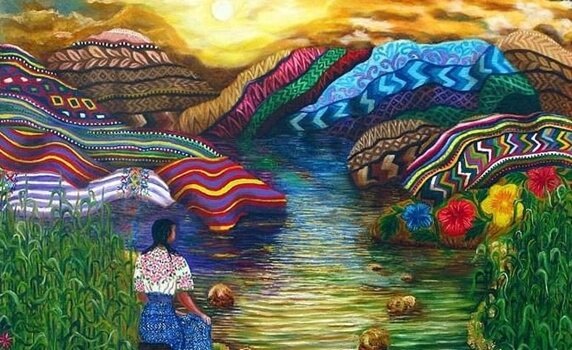 Tolteekse vrouw in kleurrijk landschap