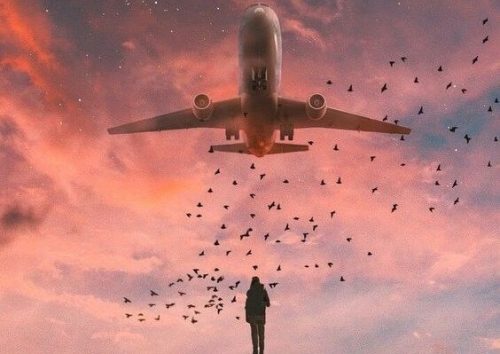 Man die naar een vliegtuig kijkt