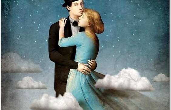 Een man en een vrouw die samen dansen in de wolken, want dit is een van hun oude patronen