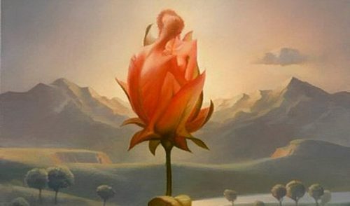 Twee mensen in een bloem die de evolutie van romantische liefde symboliseren