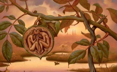 Twee mensen in een noot die de evolutie van romantische liefde symboliseren