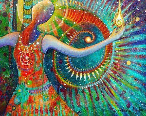 Kleurrijk schilderlijk van een vrouw, dat verwijst naar een van de levenswetten van de Tolteken