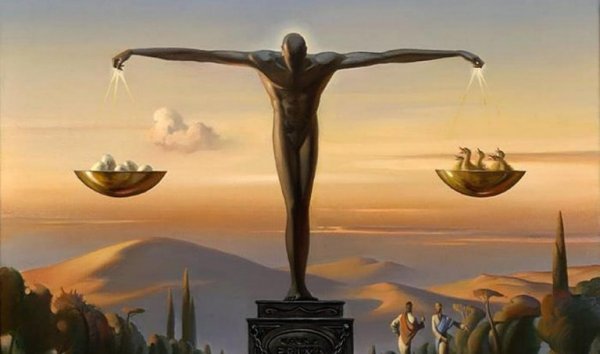 Man die dient als weegschaal, als symbool voor onze autonomie